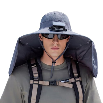 Extra Wide Brim Solar Fan Hat, Mens Fishing Hat with Fan, Neck Flap Sun Hat, UPF 50+ Solar Powered Cooling Cap Fisherman Hats - color: Deep Gray With Neck Flap