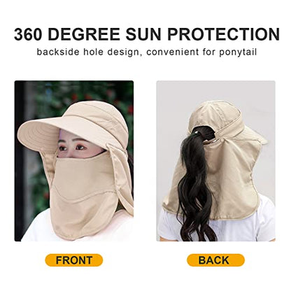 Women Wide Brim Face Mask Sun Hat Detachable Neck Face Flap Ponytail UV Protection Visor Hat Garden Fishing Hiking - color: A1-shun005-mise