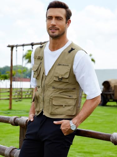 Gihuo Mens Fishing Vest Lightweight Utility Vests Cargo Outdoor Safari Travel Vest with Pockets - color: Khaki, size: Large