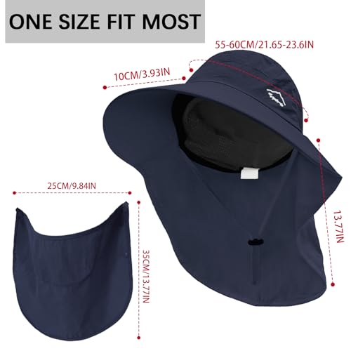 Rosoz Sun Hat for Men Women with Neck Flap,Wide Brim UPF50+ Fishing Hat with Detachable Face Cover Outdoor Sun Protection Hat - color: 1pack-dark Blue