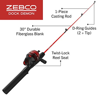 Zebco Dock Demon Spinning Reel or Spincast Reel and Fishing Rod Combo, 30-Inch Durable Fiberglass Rod, QuickSet Anti-Reverse Fishing Reel - style: Spincast Reel - Red