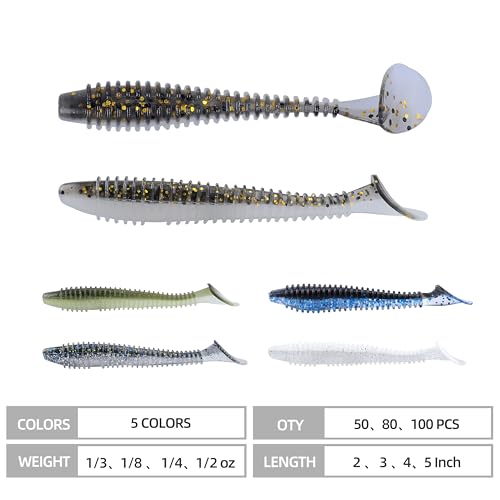 Paddle Tail Swimbaits 100/80/50PCS, 5/4/3/2 inch Soft Fishing Lures Bulk Pack – Durable Lifelike Action Lures for Bass, Trout, Crappie – Freshwater & Saltwater Fishing Gifts - color: Black-Gold, size: 4in, 80pcs
