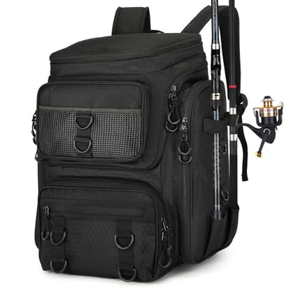 Fishing Backpack with Rod Holder, Durable Waterproof Fishing Bag, 42L Large Capacity Tackle Box Backpack (Black) - color: Black