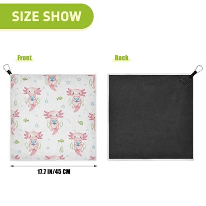 Axolotl Fish White Pattern Magnetic Golf Towel for Golf Bags Microfiber Golf Accessories for Men Women with Carabiner Clip Attaches to Carts and Clubs, 17.7"x17.7"