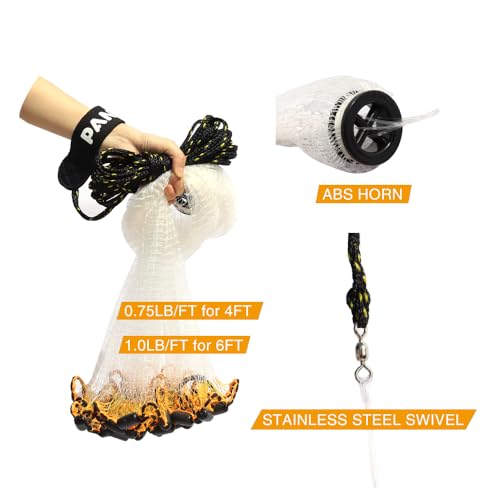 BasicGear Pancake Cast Net – Heavy-Duty 1.0+ lb/ft Weights, 4ft to 12ft Radius, Multiple Mesh Sizes, Pro Grade, Freshwater & Saltwater - size: 6ft Radius, style: 1.00 Lb, 3/8" Sq Mesh
