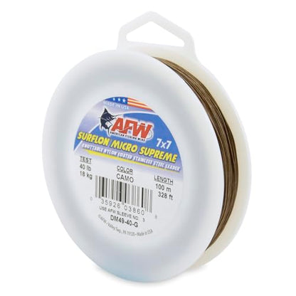 American Fishing Wire Surflon Micro Supreme Nylon Coated 7x7 Stainless Steel Leader Wire - Knottable Wire Leaders for Fishing Saltwater, Fly Fishing, 13lb Test - 90lb Test, Bright, Black & Camo Colors - color: Camo, style: 100 Meter, 40 Pound Test