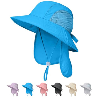 Outdoor Kids Sun Hats with Neck Flap Boys Girls Wide Brim UPF 50+ UV Protection Children Bucket Hat Safari Hat - color: 1pack-blue