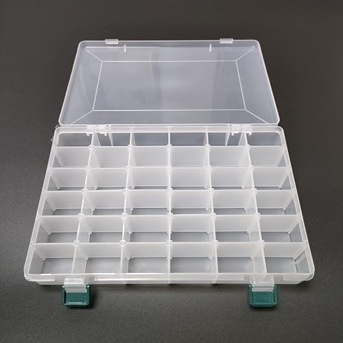 KALAVARMA 36 Grids Clear Plastic Bead Organizer Box, Fishing Tackle Box Compartment Organizer with Adjustable Dividers for Jewelry, Art Craft, Bead Storage Containers with 5 Sheets Label Stickers