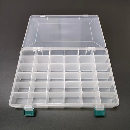KALAVARMA 36 Grids Clear Plastic Bead Organizer Box, Fishing Tackle Box Compartment Organizer with Adjustable Dividers for Jewelry, Art Craft, Bead Storage Containers with 5 Sheets Label Stickers