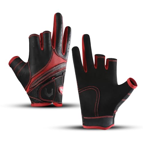 SUJAYU Fishing Gloves Men Women, Anti-Slip Suede Fabric Kayak Gloves, 3-Cut Fingers Fly Fishing Accessories - color: Black+Red, size: Small-Medium