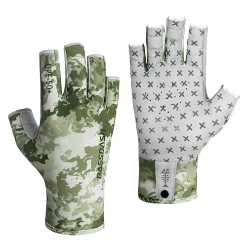 BASSDASH 3/4 Finger UPF 50+ Sun Gloves Breathable Anti-Slip Silicone Palm for Men Women Fishing Fingerless Cycling Running - color: Moss Shadow Camo, size: X-Large