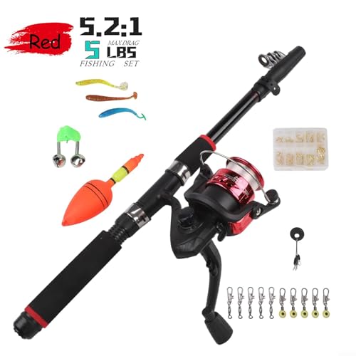 Telescopic Fishing Rod and Reel, Portable Travel Fishing Kit with Tackle Box, Lightweight for Backpacking, Beginner - size: Red Rod Set