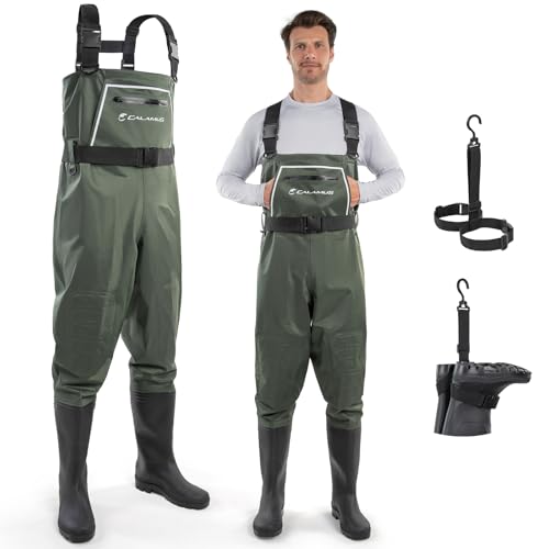 Calamus WaveWalker Fishing Waders for Men & Women, 100% Waterproof PVC Waders with Slip-Resistant Boots, Tear-Resistant Nylon - color: Military Green, size: M8/W10