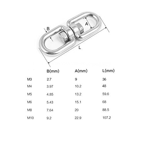 1PCS M6 Double Ended Swivel Eye Hook 304 Stainless Steel Eye to Eye Swivel Shackle Ring Connector + 2PCS M6 Snap Hook - size: M6