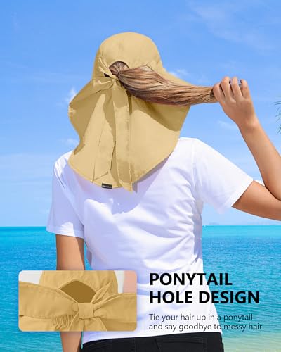 Womens Sun Hat Outdoor UV Protection Wide Brim Fishing Hat with Ponytail Hole Neck Flap for Beach Hiking Camping - color: Khaki