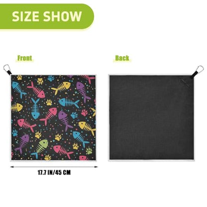 Colorful Fish Paw Black Pattern Magnetic Golf Towel for Golf Bags Microfiber Golf Essentials for Men Women with Carabiner Clip Attaches to Carts and Clubs, 17.7"x17.7"