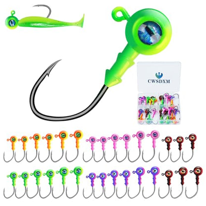 Round Jigs Heads for Fishing, 3D Eyes Ball Head Hooks with Stacked Cone Keeper, 1/8oz 1/5oz 1/4oz 3/8oz Crappie Jig Heads for Bass Fishing Trout Crappie Panfish Walleye - size: Assorted size-30PCS