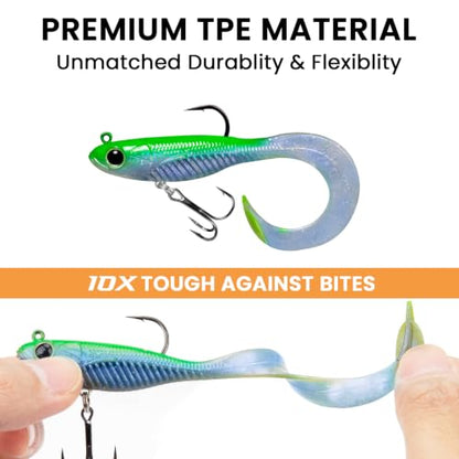 TRUSCEND Duramax Easy Catch Soft Fishing Lures with BKK Hook, Trembly Sinking & Vibrating Swim for More Bites, Pre-Rigged Curly & T-Tail Swimbait for Bass, Trout, Crappie, Freshwater Saltwater Fishing - color: A2-3.5"-3/8oz