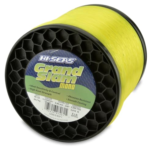 HI-SEAS Grand Slam Monofilament Fishing Line - Strong & Abrasion Resistant in Clear, Pink, Green, Smoke Blue, Fluorescent Yellow Freshwater & Saltwater - 5 lb Spool - color: Flourescent Yellow, style: 80 Lb Test, 0.90 Mm Dia, 3300 Yd