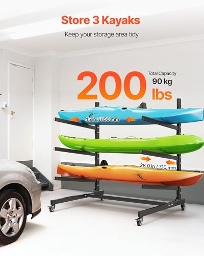VEVOR Kayak Storage Rack, Heavy Duty Adjustable Freestanding Stand with Lockable Wheels for Indoor Outdoor Garage Shed Dock, Holder for Canoe, SUP, Surfboard & Paddleboard - style: Stand-3 Kayaks-black