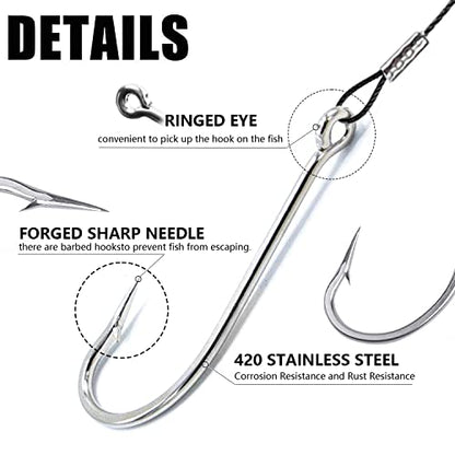 Saltwater Fishing Hook Rigs,Steel Leaders Long Shank Hook for Surf Fishing,Black Leader Wire O'shaughnessy Forged Hook for Freshwater - size: 5/0-18“-60lb, style: 8pcs