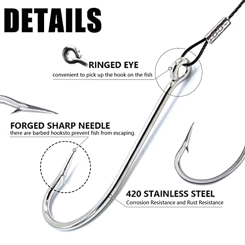 Saltwater Fishing Hook Rigs,Steel Leaders Long Shank Hook for Surf Fishing,Black Leader Wire O'shaughnessy Forged Hook for Freshwater - size: 5/0-18“-60lb, style: 24pcs