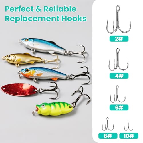 Fishing Hooks Treble Hooks Kit 50pcs Size#2#4#6#8#10 | High Carbon Steel, Strong Sharp Round Bend, For Catfish Trout, Hard Baits Lures, Saltwater Freshwater