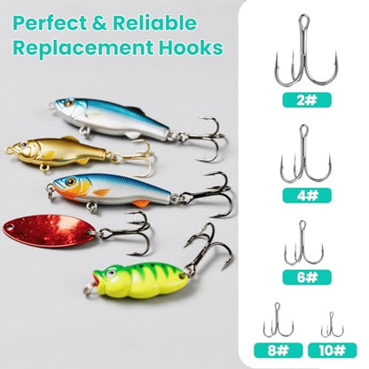 Fishing Hooks Treble Hooks Kit 50pcs Size#2#4#6#8#10 | High Carbon Steel, Strong Sharp Round Bend, For Catfish Trout, Hard Baits Lures, Saltwater Freshwater