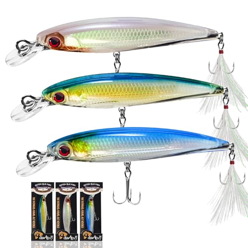 Floating Minnow Fishing Lures with Feathered Treble Hooks, 3D Lifelike Eyes & Holographic Finish, Topwater Hard Baits for Bass, Redfish, Freshwater & Inshore Saltwater Fishing, 3 Pack (A) - color: B-3.6inch/0.24oz/3pcs
