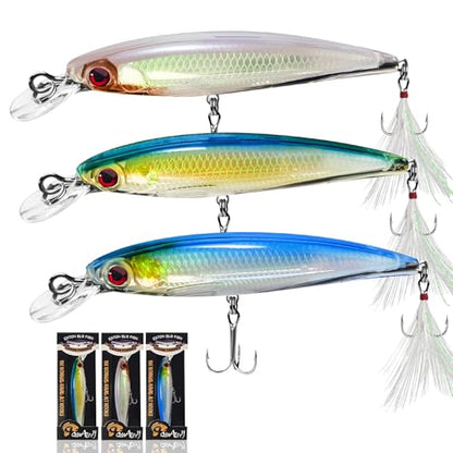 Floating Minnow Fishing Lures with Feathered Treble Hooks, 3D Lifelike Eyes & Holographic Finish, Topwater Hard Baits for Bass, Redfish, Freshwater & Inshore Saltwater Fishing, 3 Pack (A) - color: B-3.6inch/0.24oz/3pcs
