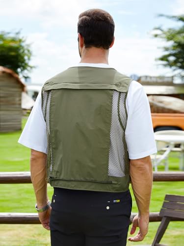 Gihuo Mens Fishing Vest Lightweight Utility Vests Cargo Outdoor Safari Travel Vest with Pockets - color: Army, size: Large