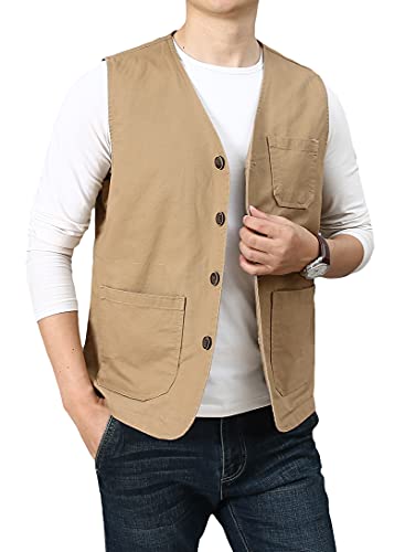 PRIJOUHE Men's Casual Outdoor Cotton Vest Lightweight Breathable Multi-Pocket Fishing Safari Travel Vests Outwear - color: 02-khaki, size: Small