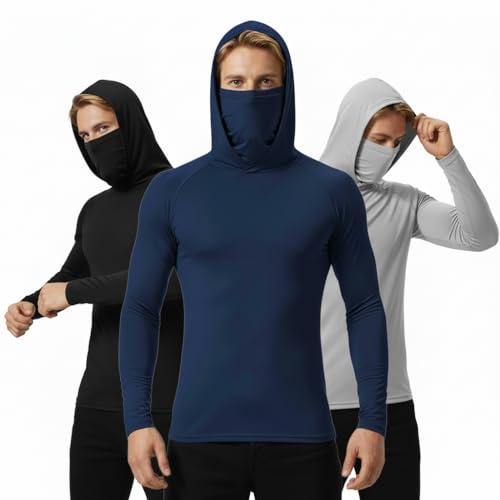 Men's 3 Pack UPF 50+ Sun Protection Hoodies, Long Sleeve UV Cooling Shirts with Face Cover - color: Black+blue+gray, size: Medium