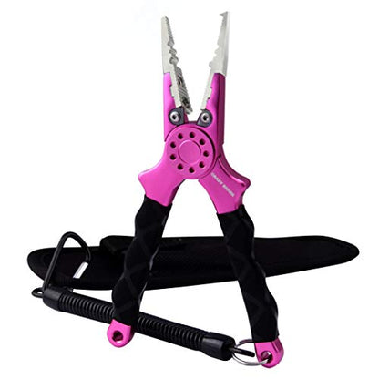 Professional Saltwater/Fresh Water Aluminum Fishing Pliers Tungsten Carbide Cutters Hook Remover with Sheath and Lanyard - color: Pink.t