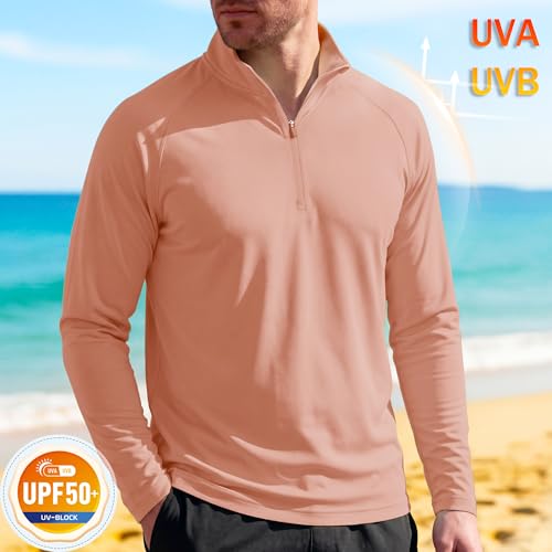 MAGCOMSEN Men's Long Sleeve Sun Shirts UPF 50+ Tees 1/4 Zip Fishing Running Rash Guard Athletic T-Shirts - color: Apricot, size: Medium