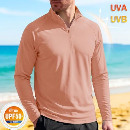 MAGCOMSEN Men's Long Sleeve Sun Shirts UPF 50+ Tees 1/4 Zip Fishing Running Rash Guard Athletic T-Shirts - color: Apricot, size: Large