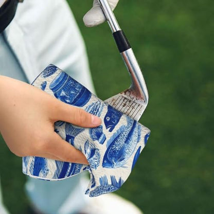 Retro Blue Fish Print Golf Towel, Microfiber Golf Towels for Bags with Carabiner Clip 16 x 24 inches, Men Womens Golfs Accessories