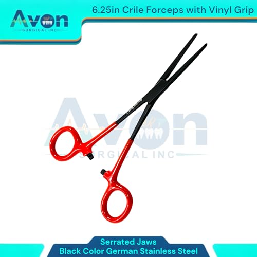 1 Piece Multi-Purpose Hemostat Pliers Forceps, 6.25in, with Vinyl Red Grip, Serrated Jaws - Black - Stainless Steel - for Fishing, Electronics, Crafts, and More.