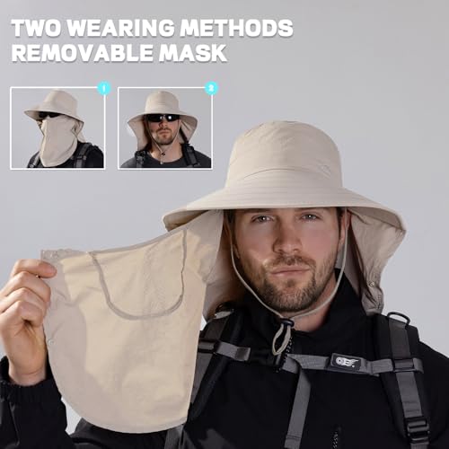 Rosoz Sun Hat for Men Women with Neck Flap,Wide Brim UPF50+ Fishing Hat with Detachable Face Cover Outdoor Sun Protection Hat - color: 1pack-beige