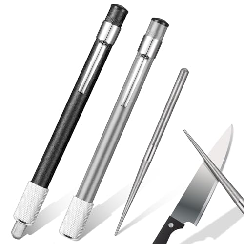 Honoson 2 Pieces Diamond Retractable Knife Sharpener Steel Sharpening Rod for Kitchen Outdoor Serrated Stick Tools (Silver, Black) - color: Silver, Black