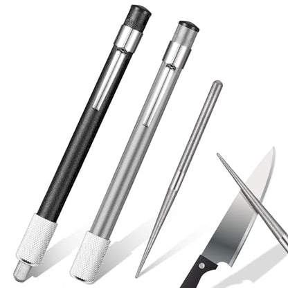 Honoson 2 Pieces Diamond Retractable Knife Sharpener Steel Sharpening Rod for Kitchen Outdoor Serrated Stick Tools (Silver, Black) - color: Silver, Black