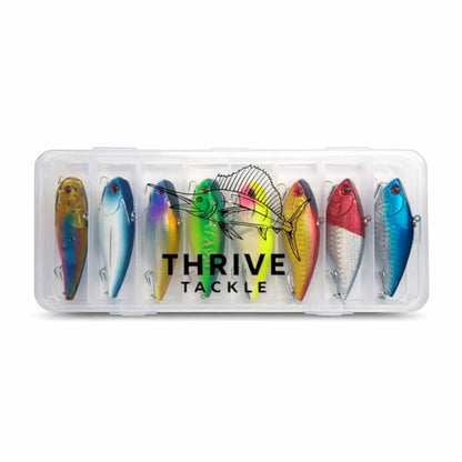 8-Piece Lipless Crankbait Vib Fishing Lure Set with Tackle Box - Rattle Bait VIB Lures for Freshwater and Saltwater Bass Fishing - Vibrating Hard Baits with Treble Hooks | Thrive Tackle