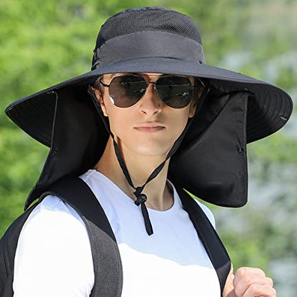 Women Wide Brim Face Mask Sun Hat Detachable Neck Face Flap Ponytail UV Protection Visor Hat Garden Fishing Hiking - color: Hyp008-black