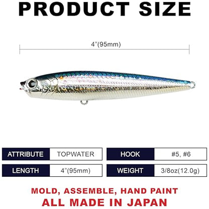 LUCKY CRAFT Gunfish 95NF Top Water Bass Fishing Lures, 4” Floating Lure with Cupped Mouth, Freshwater Trout and Bass Lures Fishing Gear, Accessories for Tackle Box - color: 270 MS American Shad