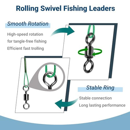AMYSPORTS Freshwater Rigs Fishing Leaders Saltwater Heavy Duty Fishing Leader Stainless Rig Swivels Wire Leader Lure Black Nickel 60pcs