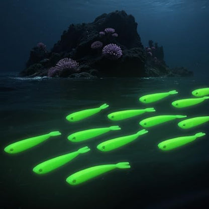 Syosisny 50 PCS Luminous Plastic Soft Fishing Lure, Lifelike Forked Tail Minnow, Luminous Fishing Baits Tackle for Saltwater and Freshwater Bass, Crappie, Walleye, or Trout Lures