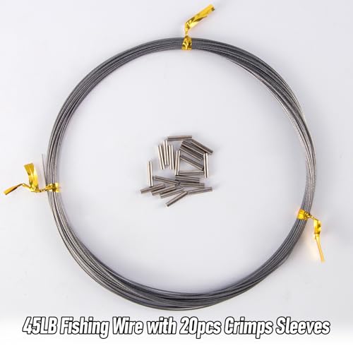 Alwonder 32.8ft Fishing Wire Fishing Leader Line with 20pcs Crimps Sleeves, Nylon Coated 1x7 Stainless Steel Leader Wire Freshwater Saltwater for Pike, Billfish, Bluefish, Muskie, Wahoo - size: 45LB
