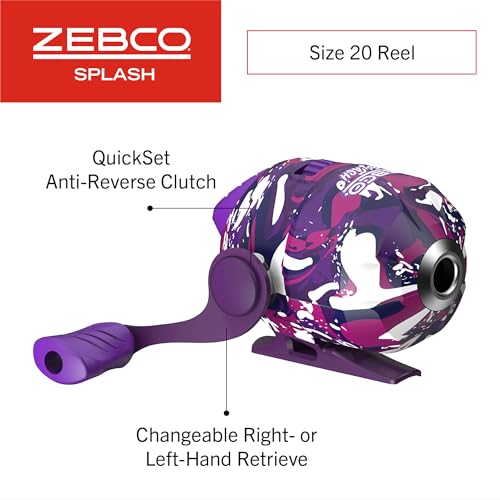Zebco Splash Spincast Reel and Fishing Rod Combo, Fiberglass Rod, Ball Bearing System, All Metal Gears, 8-Pound Line - color: Tidepool Purple
