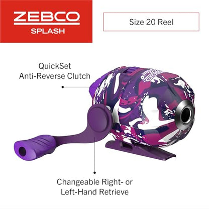 Zebco Splash Spincast Reel and Fishing Rod Combo, Fiberglass Rod, Ball Bearing System, All Metal Gears, 8-Pound Line - color: Tidepool Purple