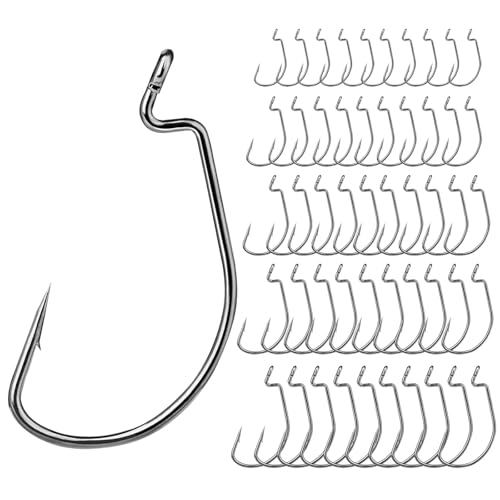 EWG Fishing Hooks 50Pcs Wide Gap Offset Worm Hook Sharp Strong Texas Rig Kit for Freshwater and Saltwater Fishing Multi-Size Set